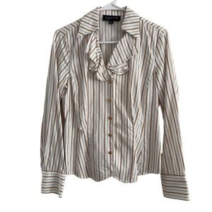 Jones New York Signature Cotton Blouse White Stripe Sz S Ruffle Interview Office